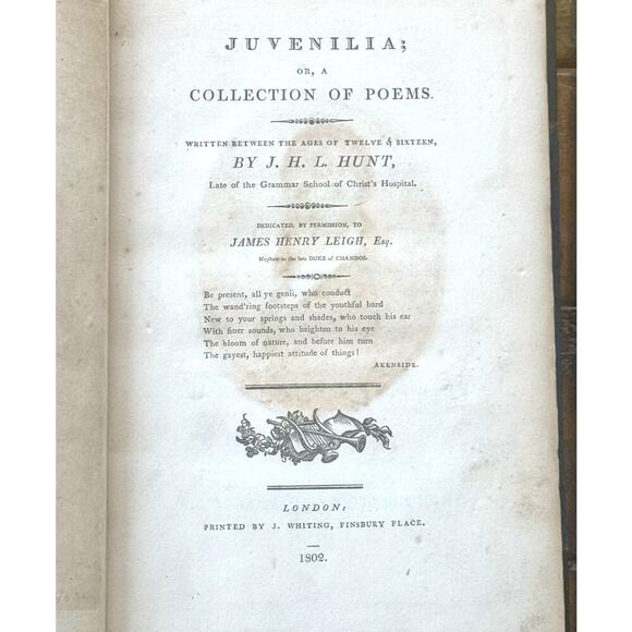 1802 Juvenilia by Leigh Hunt | First Edition | Poetry | London | Marbled Leather - Picture 7 of 9